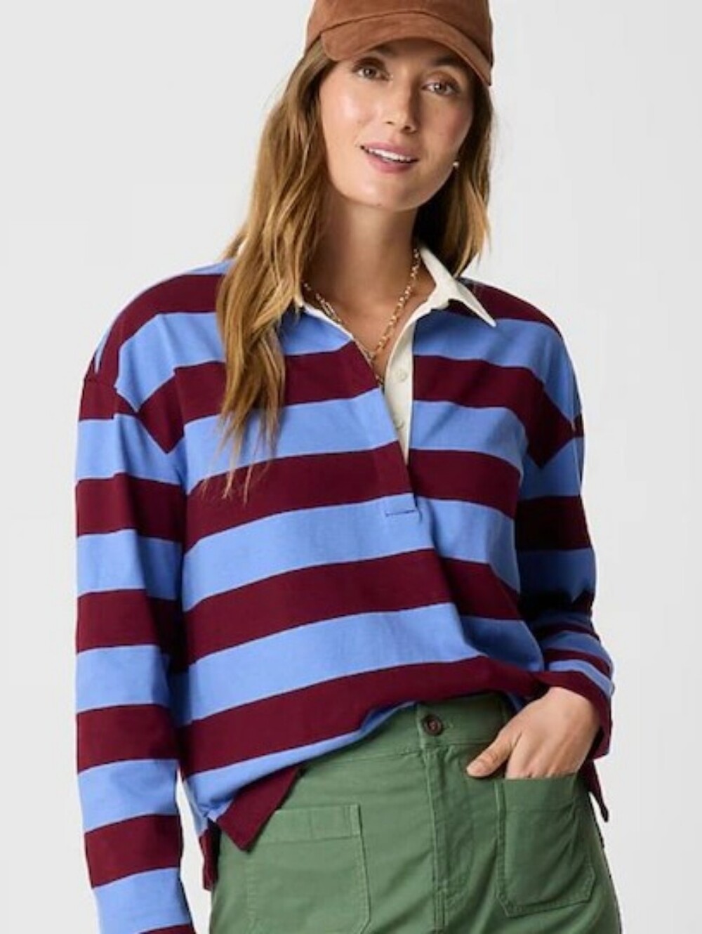 NWT J. Crew Factory Striped Rugby Polo Top, Blue and Burgundy - Size L